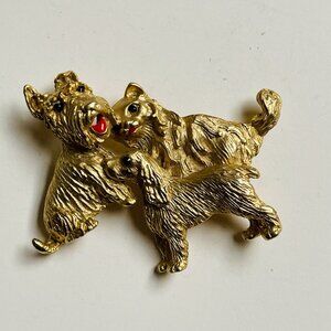 Scottish Terrier Gold Tone Brooch Pin Vintage 3 Dogs